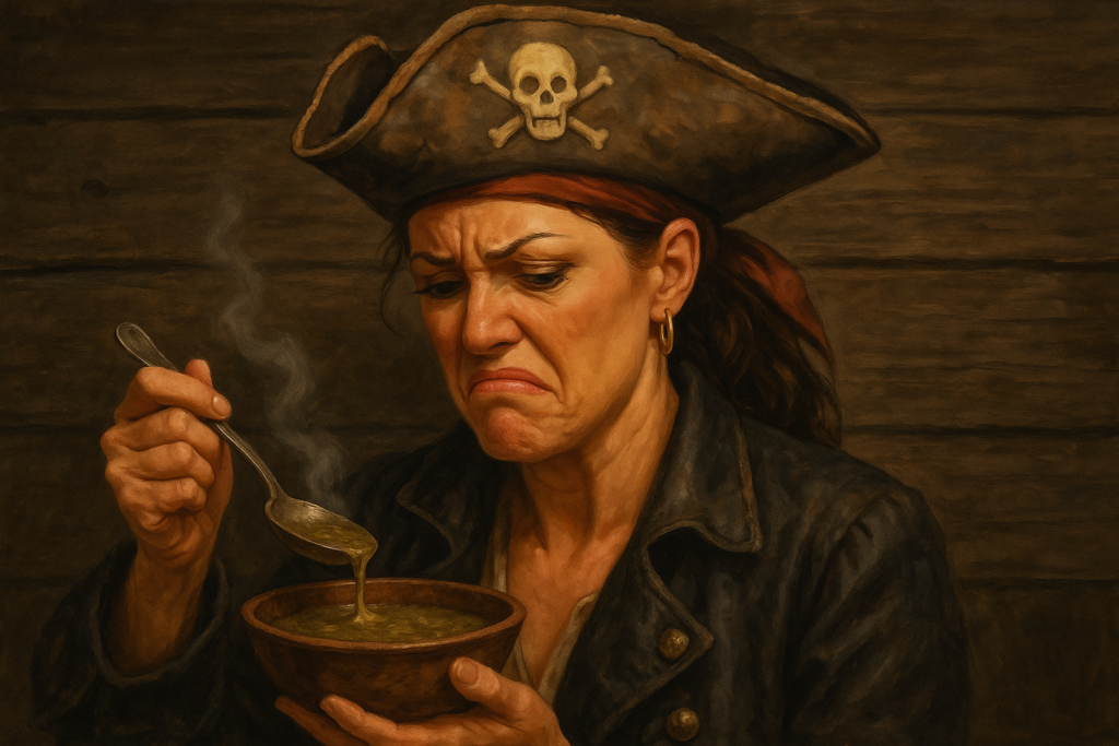 Pirate enjoying a bowl of soup.