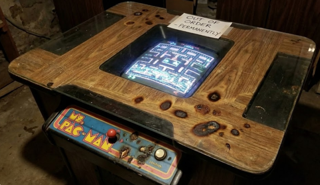 Broken vintage arcade game table