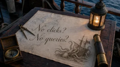 Antique nautical chart on a ship's deck table inscribed 'No clicks? No queries?' with a pen-and-ink giant squid attacking a pirate ship