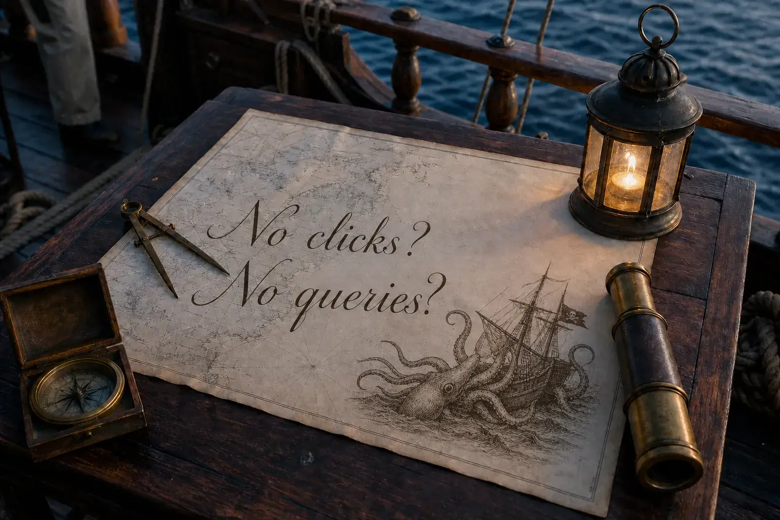 Antique nautical chart on a ship's deck table inscribed 'No clicks? No queries?' with a pen-and-ink giant squid attacking a pirate ship
