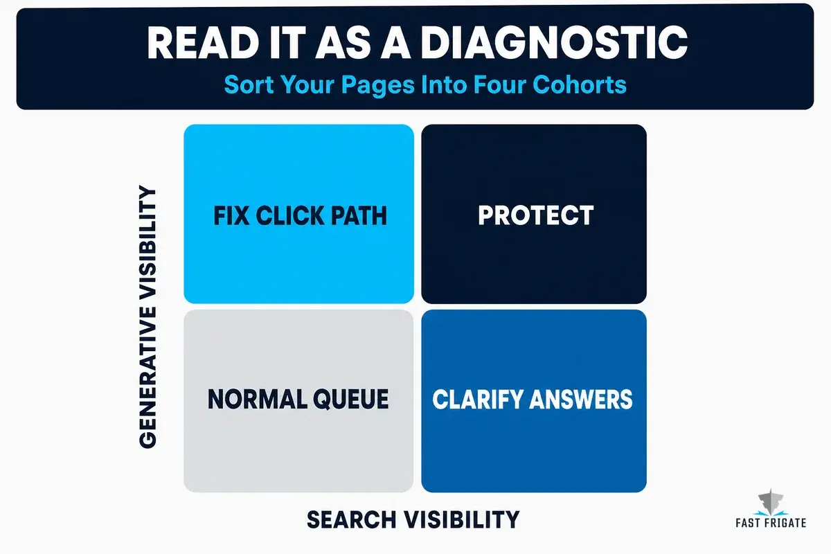 Four-cohort matrix comparing generative AI visibility against conventional search visibility