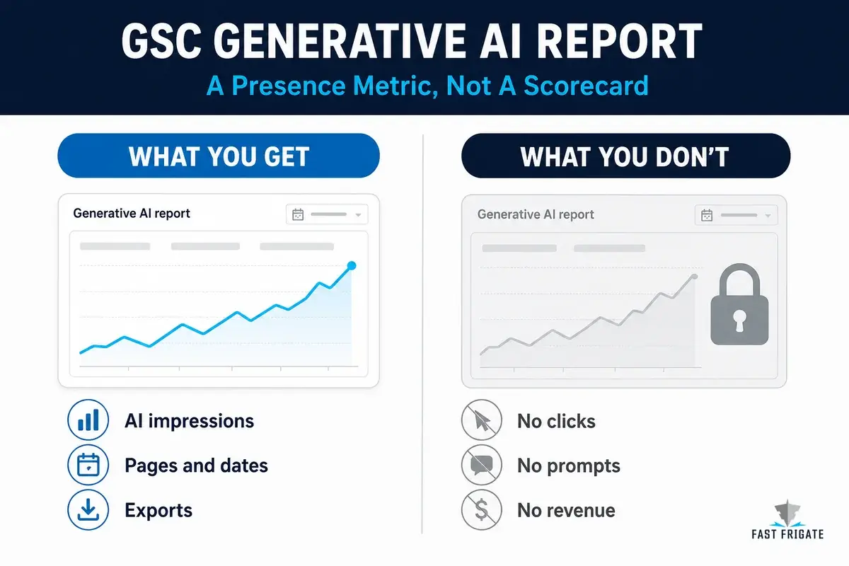 What Google’s generative AI report gives you — impressions only — versus what it withholds: clicks, prompts, and revenue