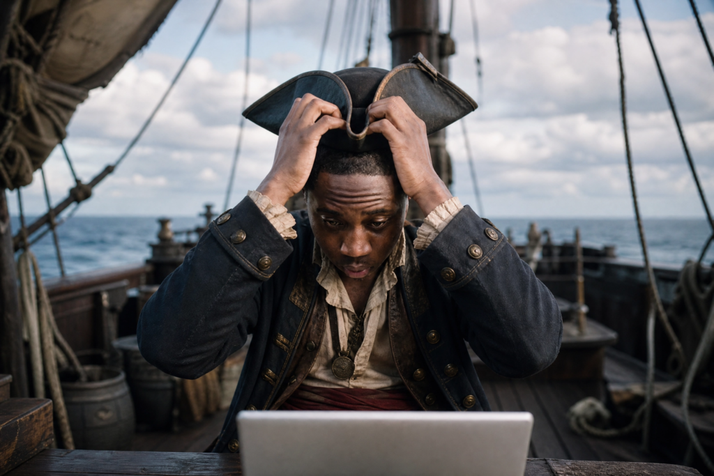 A pirate frustrated by his LLM's use of em dashes.